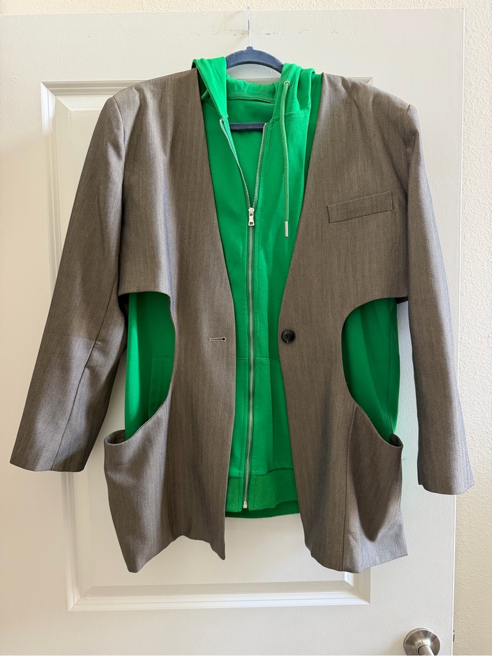 Gray Women Blazer with Green Hoodie Layering Look